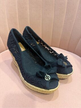 Tory Burch Black Lace Espadrille Wedges with Bow Accent